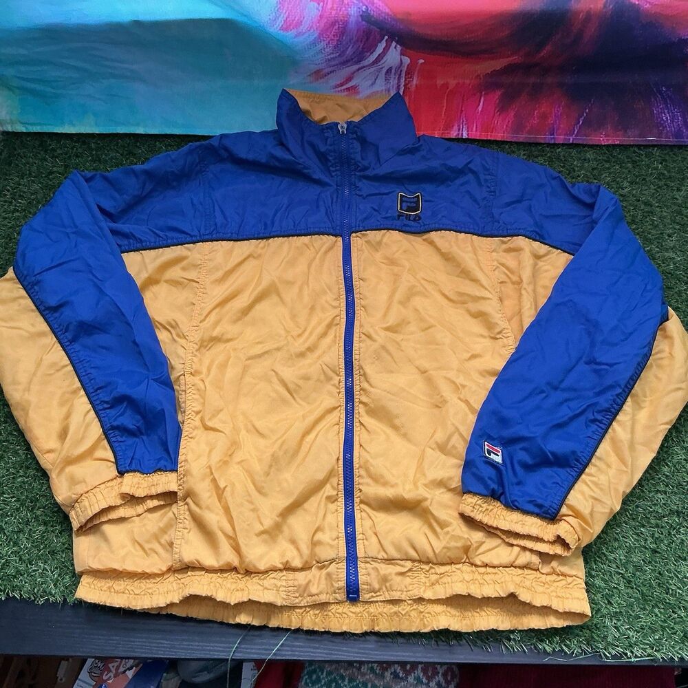 Vintage 90s FILA Windbreaker Jacket Mens Large Blue Gold Colorblock Spellout